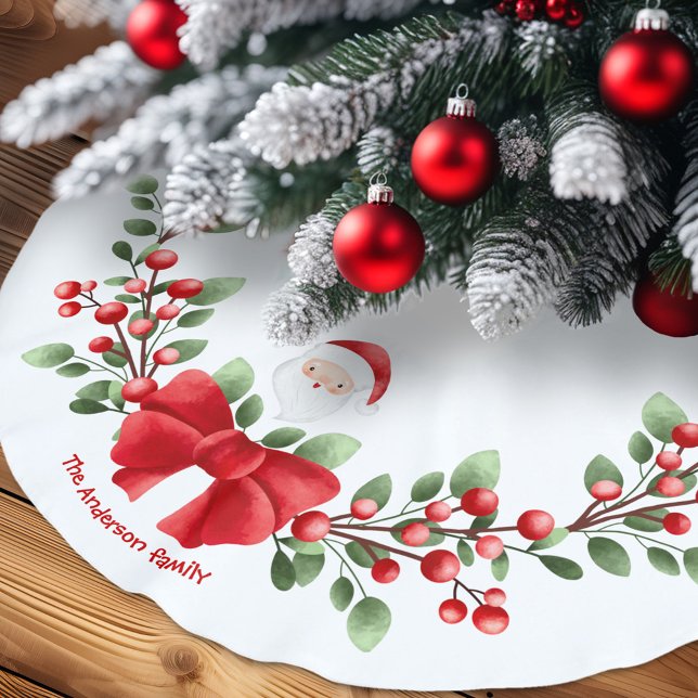 Niedlicher Name der Familie Santa Christmas Berrie Polyester Weihnachtsbaumdecke (Cute Santa Christmas Berries Bow Family Name Brushed Polyester Tree Skirt)