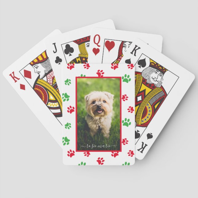 Niedlicher Name des Fotos Red Green Paw Prints Hol Spielkarten (Rückseite)