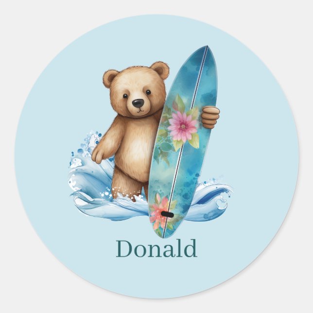 Niedlicher Name des Surfbären Runder Aufkleber (Vorderseite)