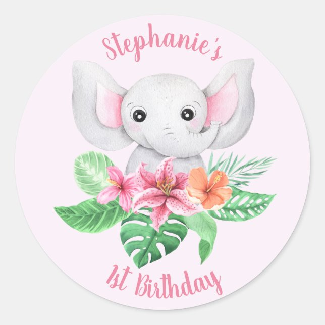 Niedlicher Name Jungle Pink Gray Elefant 1. Geburt Runder Aufkleber (Vorderseite)