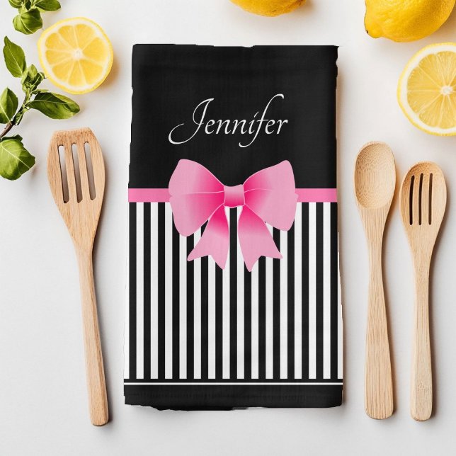 Niedlicher Name Rosa Band Muster für Schwarz-weiße Geschirrtuch (Cute Name Pink Ribbon Black White Stripes Pattern Kitchen Towel)