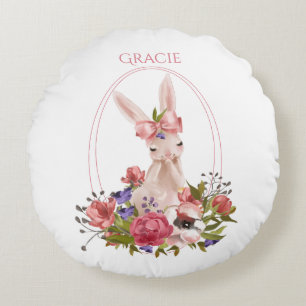 Niedlicher Name Woodland Animal Bunny Floral Rundes Kissen