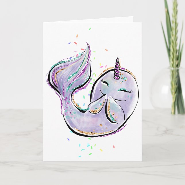 Niedlicher Narwhal Cartoon Kawaii Illustration Nam Karte (Vorderseite)