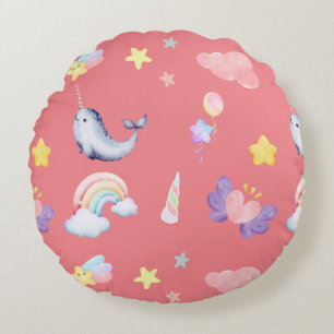 Niedlicher Narwhal Fisch Einhorn Regenbogensee Geb Rundes Kissen