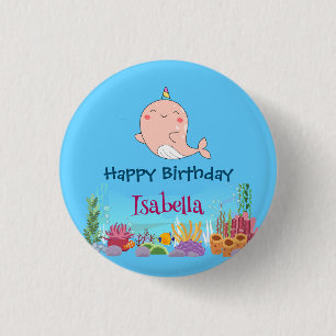 Niedlicher Narwhal Fisch Einhorn Whale See Geburts Button