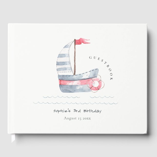 Niedlicher Nautic Soft Red Blue Sailboat Kindergeb Gästebuch (Vorderseite)
