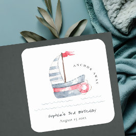 Niedlicher Nautic Soft Red Blue Sailboat Kindergeb Quadratischer Aufkleber