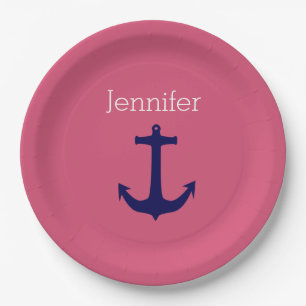 Niedlicher Navy Anchor mit rosa weißem Individuell Pappteller