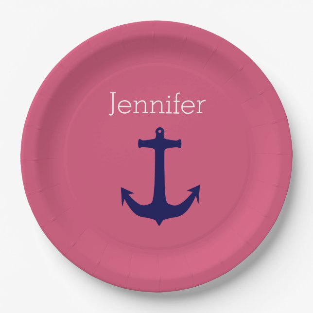 Niedlicher Navy Anchor mit rosa weißem Individuell Pappteller (Vorderseite)