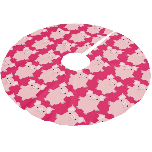 Niedlicher neugieriger Cartoon-Schwein-Baum-Rock Polyester Weihnachtsbaumdecke (Schrägansicht)