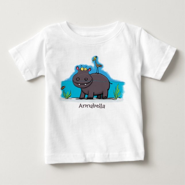 Niedlicher Nilpferd mit Vogel-Cartoon Baby T-shirt (Vorderseite)