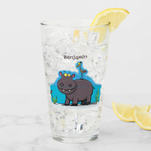 Niedlicher Nilpferd mit Vogel-Cartoon Glas