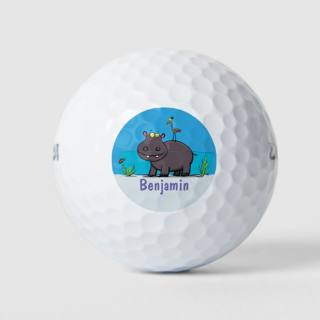 Niedlicher Nilpferd mit Vogel-Cartoon Golfball (Vorderseite)