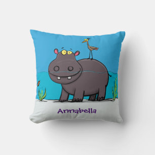Niedlicher Nilpferd mit Vogel-Cartoon Kissen