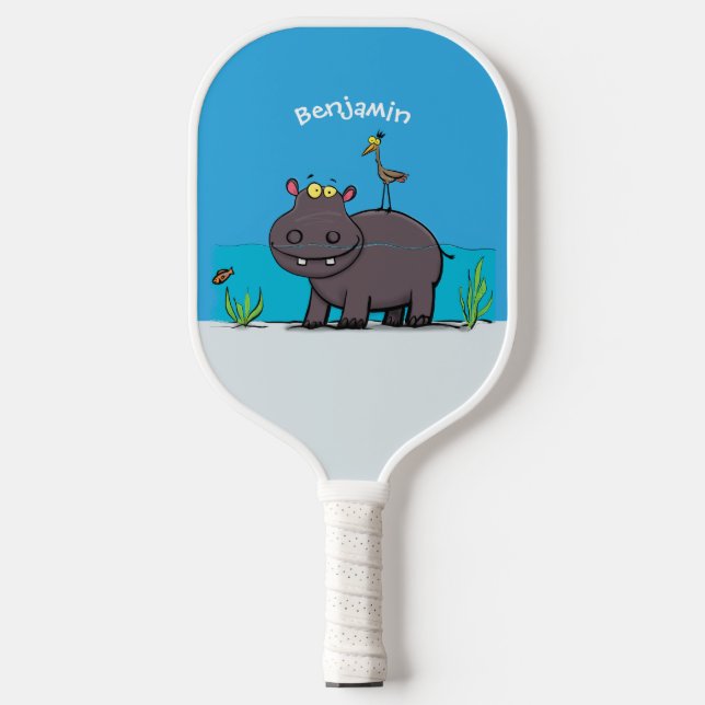 Niedlicher Nilpferd mit Vogel-Cartoon Pickleball Schläger (Vorderseite)