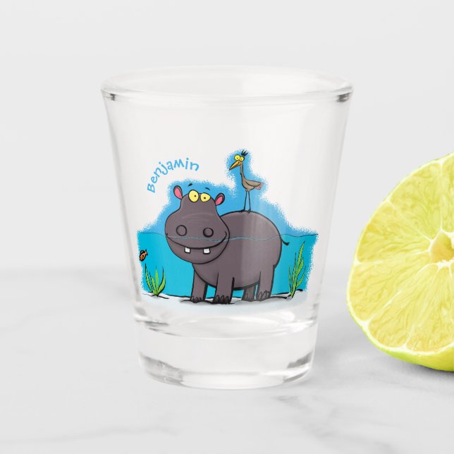 Niedlicher Nilpferd mit Vogel-Cartoon Schnapsglas (Vorderseite)