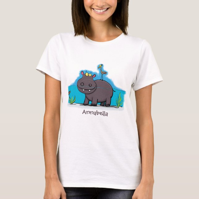 Niedlicher Nilpferd mit Vogel-Cartoon T-Shirt (Vorderseite)