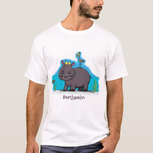 Niedlicher Nilpferd mit Vogel-Cartoon T-Shirt