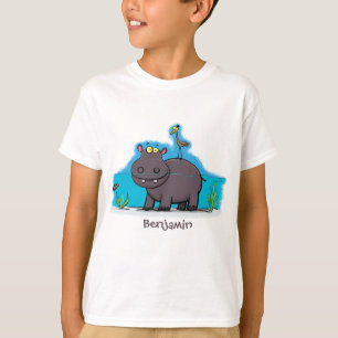 Niedlicher Nilpferd mit Vogel-Cartoon T-Shirt