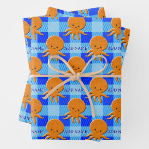 Niedlicher Octopus Cartoon Blau Karierter Individu Geschenkpapier Set