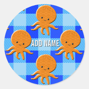 Niedlicher Octopus Cartoon Blau Karierter Individu Runder Aufkleber