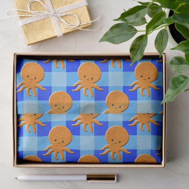 Niedlicher Octopus Cartoon Blau Karierter Individu Seidenpapier (Geschenk)