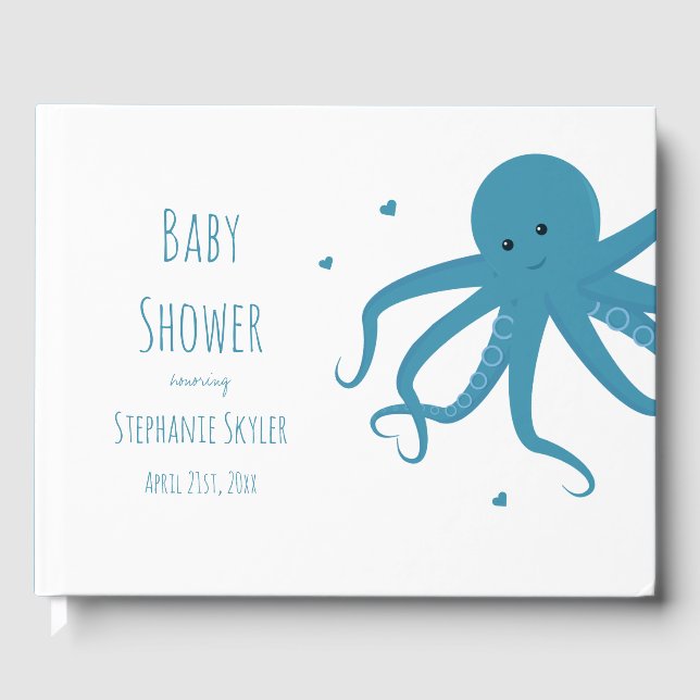 Niedlicher Octopus Cartoon Heart Blue Baby Dusche Gästebuch (Vorderseite)