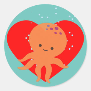 Niedlicher Octopus Cartoon Rotes Herz Runder Aufkleber