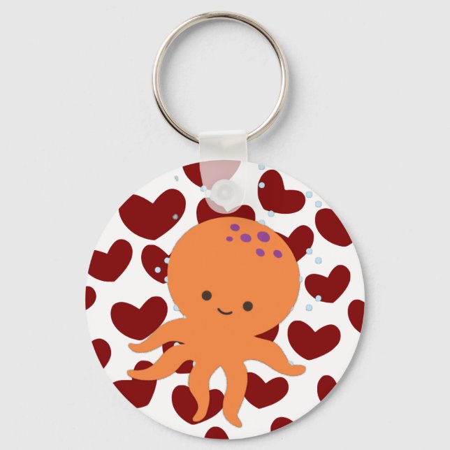 Niedlicher Octopus Cartoon Rotes Herzmuster Schlüsselanhänger (Vorderseite)