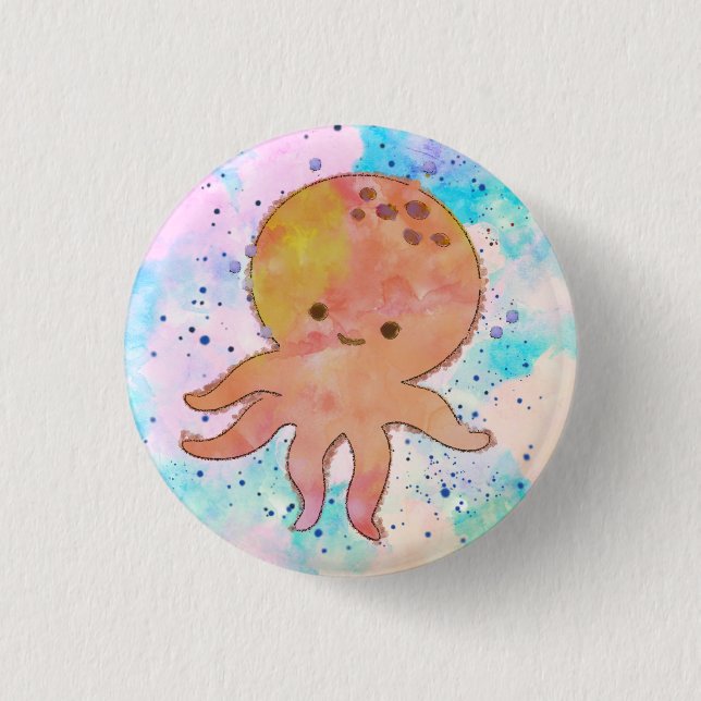 Niedlicher Octopus-Cartoon Wasserfarbe Button (Vorderseite)