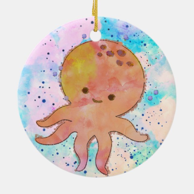 Niedlicher Octopus-Cartoon Wasserfarbe Keramik Ornament (Hinten)