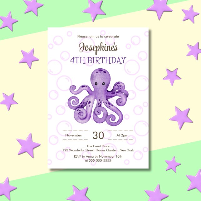 Niedlicher Oktopus Lila Blasen-Kindergeburtstag Einladung (Von Creator hochgeladen)