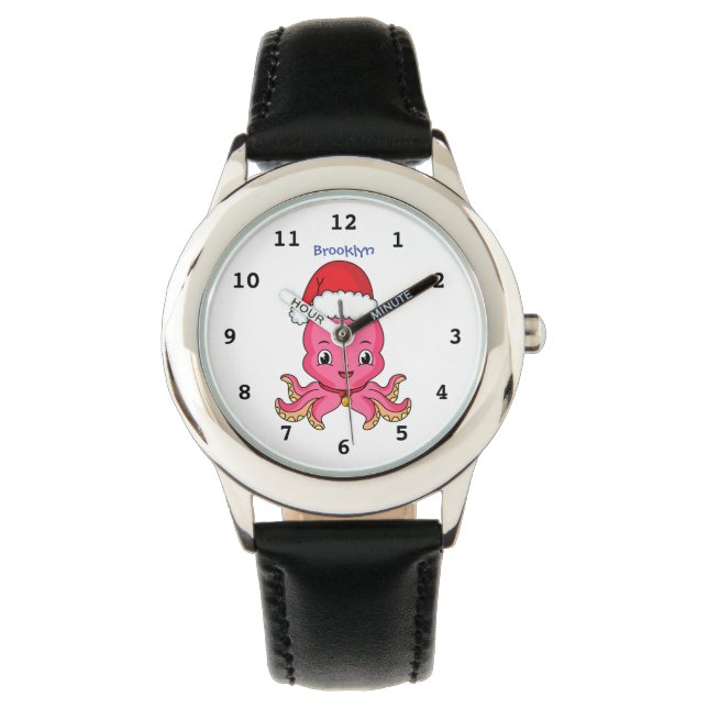 Niedlicher Oktopus mit Weihnachtshut Cartoon Armbanduhr (Vorderseite)