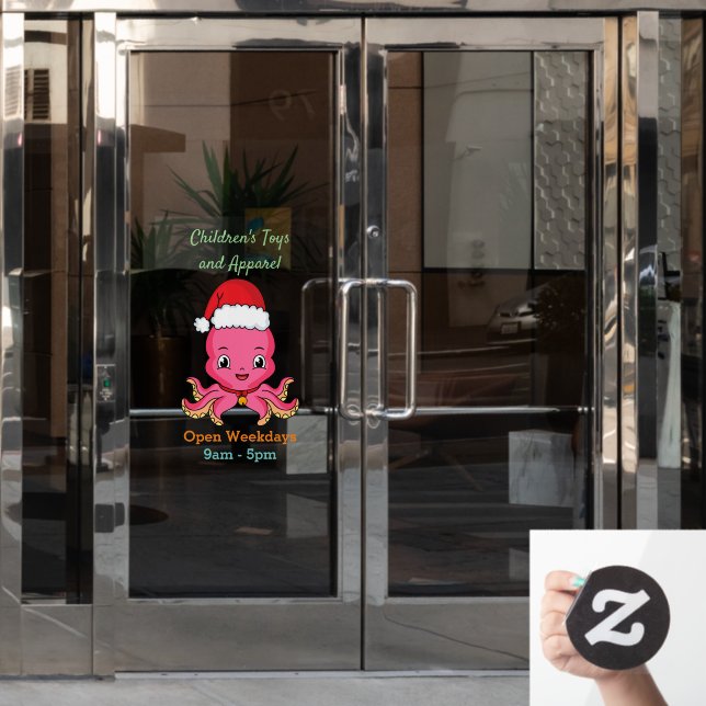 Niedlicher Oktopus mit Weihnachtshut Cartoon Fensteraufkleber (Büro Tür)