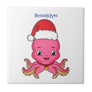 Niedlicher Oktopus mit Weihnachtshut Cartoon Fliese