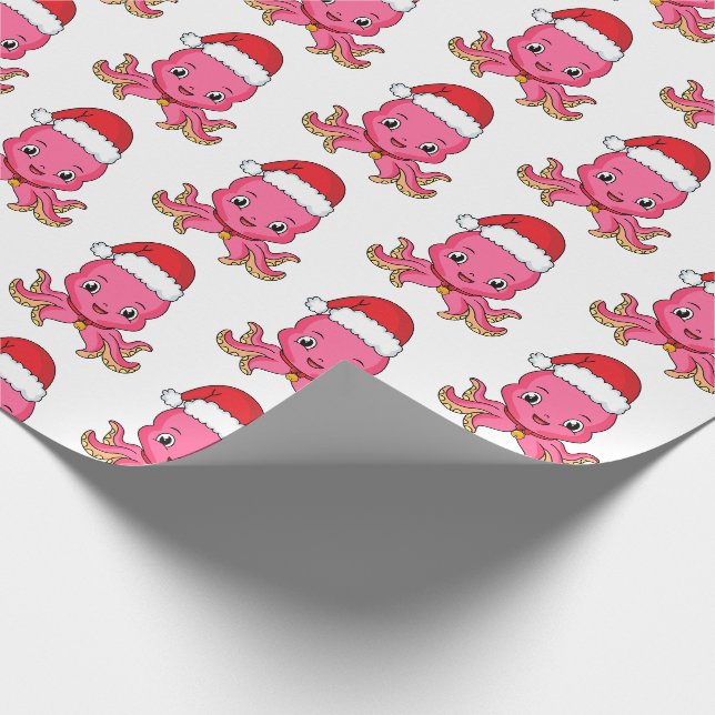 Niedlicher Oktopus mit Weihnachtshut Cartoon Geschenkpapier (Ecke)