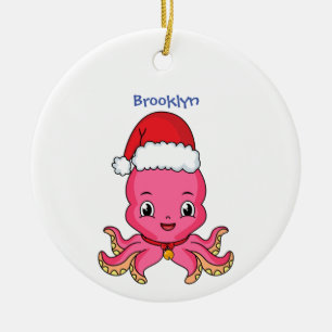 Niedlicher Oktopus mit Weihnachtshut Cartoon Keramik Ornament