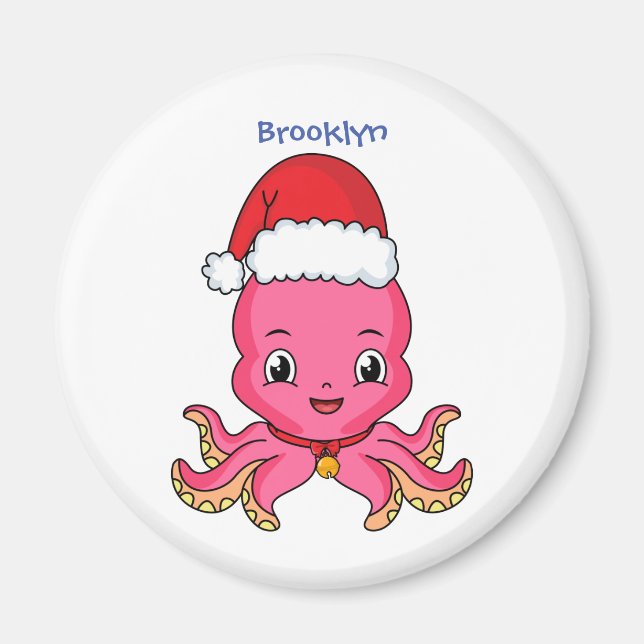 Niedlicher Oktopus mit Weihnachtshut Cartoon Magnet (Vorne)