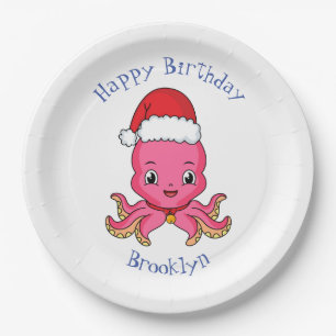 Niedlicher Oktopus mit Weihnachtshut Cartoon Pappteller