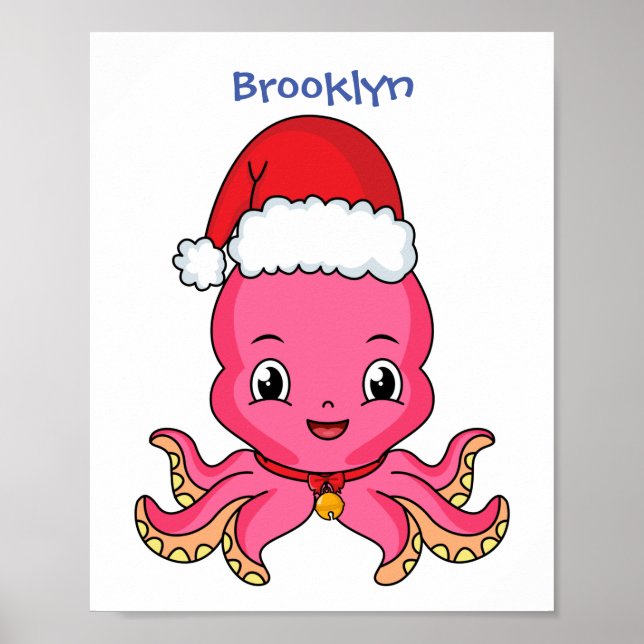 Niedlicher Oktopus mit Weihnachtshut Cartoon Poster (Vorne)