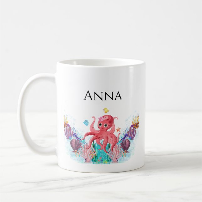 Niedlicher Oktopus und farbenfrohe Muscheln Name Kaffeetasse (Links)