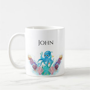 Niedlicher Oktopus und farbenfrohe Muscheln Name Kaffeetasse