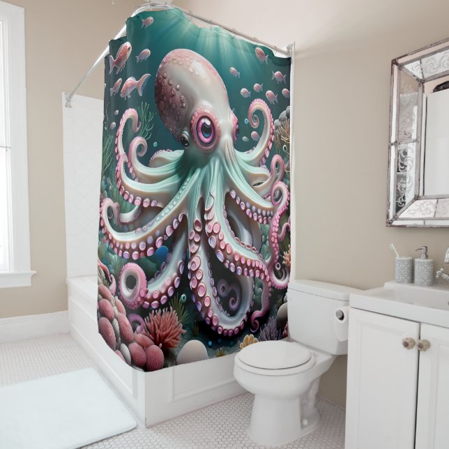 Niedlicher Oktopus unter den Meerespinken und Blue Duschvorhang (Beispiel)