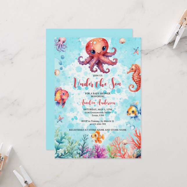 Niedlicher Oktopus unter der Babydusche der Meeres Einladung (Vorderseite/Rückseite Beispiel)