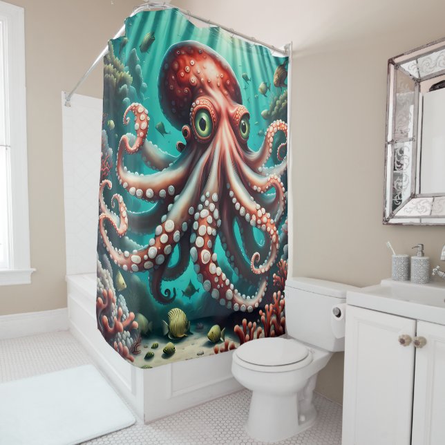 Niedlicher Oktopus unter Meeresrot und Blues Duschvorhang (Beispiel)