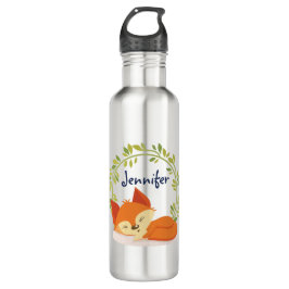 Niedlicher Orangenfox mit grünem Blätter Kranz Edelstahlflasche