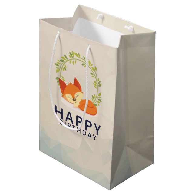 Niedlicher Orangenfox mit grünem Blätter Kranz Mittlere Geschenktüte (Vorderseite Schrägansicht)