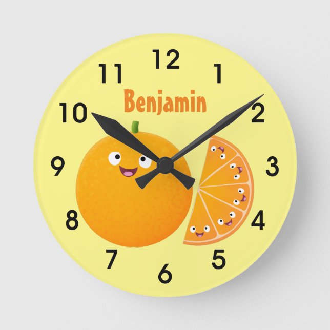 Niedlicher Orangenfrucht-Cartoon Runde Wanduhr (Vorderseite)