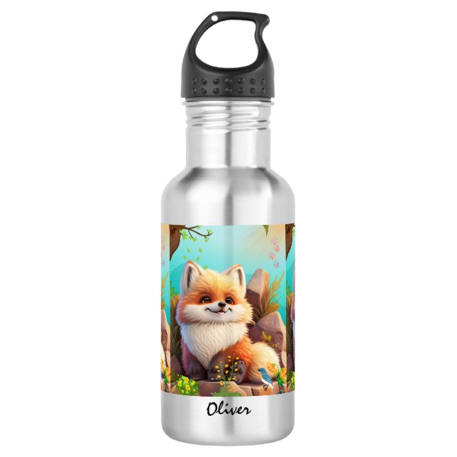 Niedlicher Orangenfuchs Holz Blumenbeere Personali Edelstahlflasche (Vorderseite)