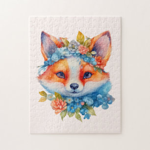 Niedlicher Orangenfuchs mit Blumenkronen